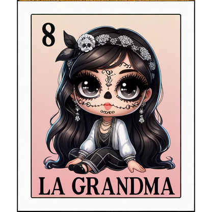 Esta ilustración presenta un simpático personaje llamado "La Abuela", adornado con la tradicional pintura facial del Día de los Muertos y un atuendo elegante.