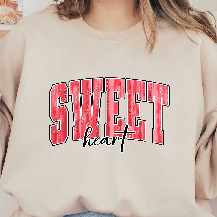 Bold and playful "SWEET heart" graphic text design in vibrant red, perfect for adding a fun touch to apparel or decorations.DTF Transfers