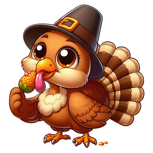 A cute cartoon turkey wearing a pilgrim hat, holding a small dessert, with big expressive eyes and a colorful feathered tail. dtf transfers