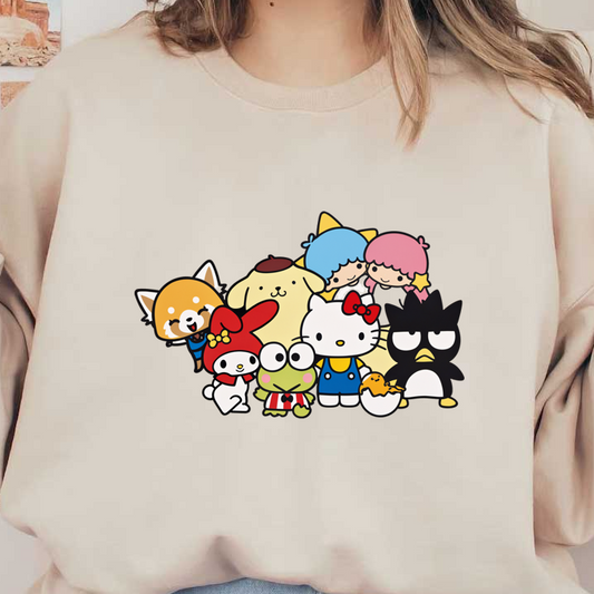 A vibrant group of adorable Sanrio characters, including Hello Kitty and My Melody, showcasing their playful and colorful personalities.DTF Transfersdtf regular iron