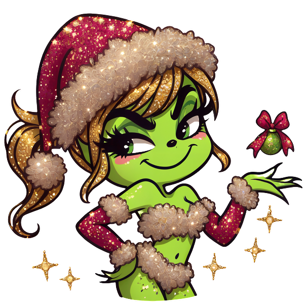 A playful, green-skinned cartoon character in a sparkly Christmas outfit and Santa hat, showcasing holiday cheer with a festive ornament.DTF Transfersdtf regular iron