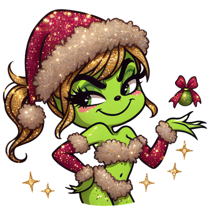 A playful, green-skinned cartoon character in a sparkly Christmas outfit and Santa hat, showcasing holiday cheer with a festive ornament.DTF Transfersdtf regular iron