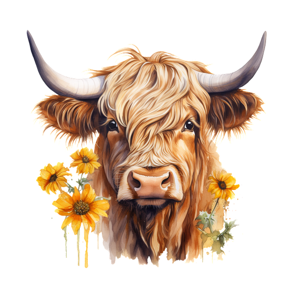 Una encantadora ilustración de una vaca de las Highlands adornada con vibrantes girasoles, que muestra su distintivo pelo largo y sus prominentes cuernos.