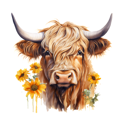 Una encantadora ilustración de una vaca de las Highlands adornada con vibrantes girasoles, que muestra su distintivo pelo largo y sus prominentes cuernos.