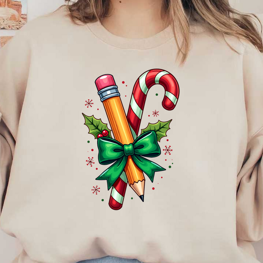 A festive illustration featuring a pencil and a candy cane, beautifully adorned with holly leaves and a green bow.DTF Transfers