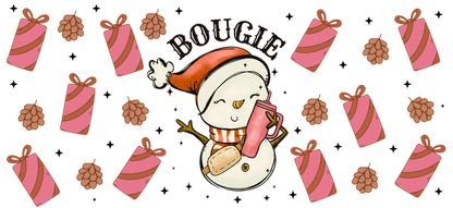 A cheerful snowman in a Santa hat holds a pink drink, surrounded by festive packages and pinecones, celebrating the holiday spirit.UV Transfers dtf prints