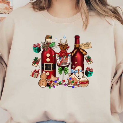 Celebrate the season with festive red bottles, delicious treats, and cheerful decorations, including a reindeer and gingerbread cookies! dtf prints