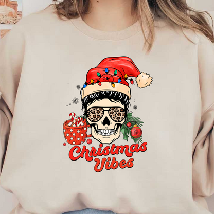 A festive skull wearing a Santa hat and sunglasses, surrounded by holiday elements and the text "Christmas Vibes." heat press transfers