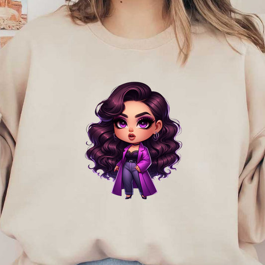 Un elegante personaje animado con cabello morado ondulado, que viste un elegante abrigo morado y jeans de cintura alta y rezuma confianza.