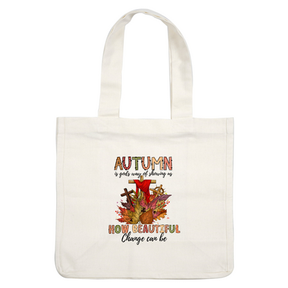 A vibrant autumn-themed illustration featuring colorful leaves and a cross, adorned with the words "AUTUMN HOW BEAUTIFUL." dtf transfers