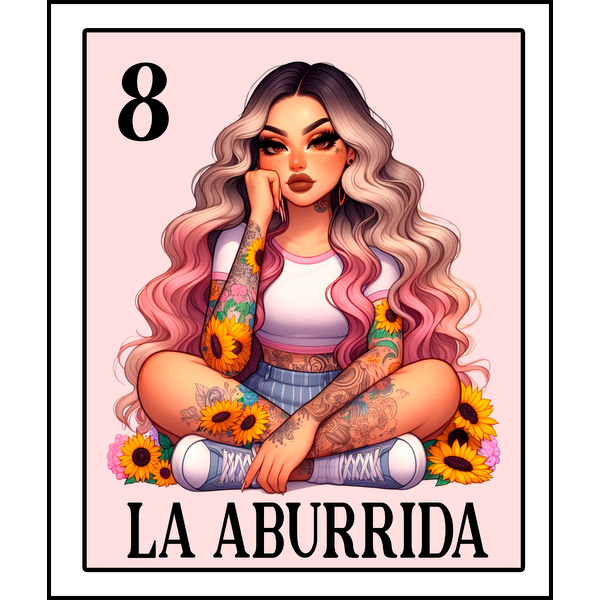 A colorful card featuring a stylized girl with long wavy hair, tattoos, and sunflowers, labeled “La Aburrida” and number 8. heat press transfers