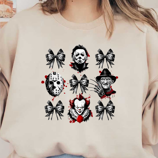 Un collage espeluznante con figuras de terror icónicas como Michael Myers, Jason Voorhees y Pennywise, adornado con lazos decorativos.