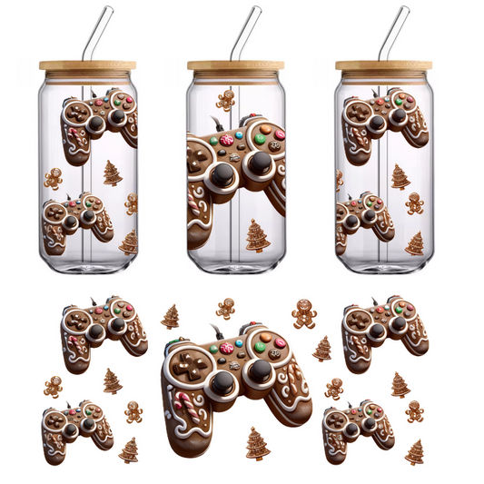 A festive gingerbread-style game controller decorated with colorful buttons and festive details, perfect for holiday gaming fun!UV Transfersdtf regular iron