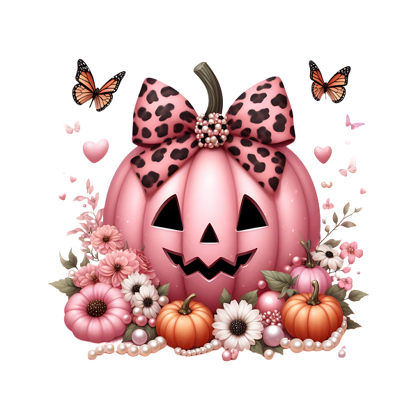 A cute pink jack-o'-lantern adorned with a leopard print bow, surrounded by colorful flowers, pumpkins, and butterflies. dtf prints