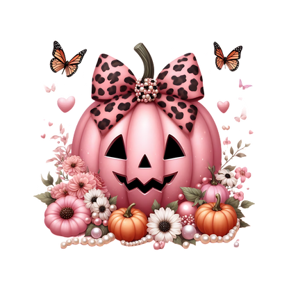 A cute pink jack-o'-lantern adorned with a leopard print bow, surrounded by colorful flowers, pumpkins, and butterflies. dtf prints