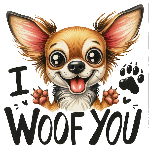 Un lindo chihuahua de dibujos animados con ojos grandes y una expresión alegre, acompañado del texto "I WOOF YOU".