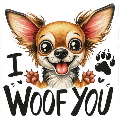 Un lindo chihuahua de dibujos animados con ojos grandes y una expresión alegre, acompañado del texto "I WOOF YOU".