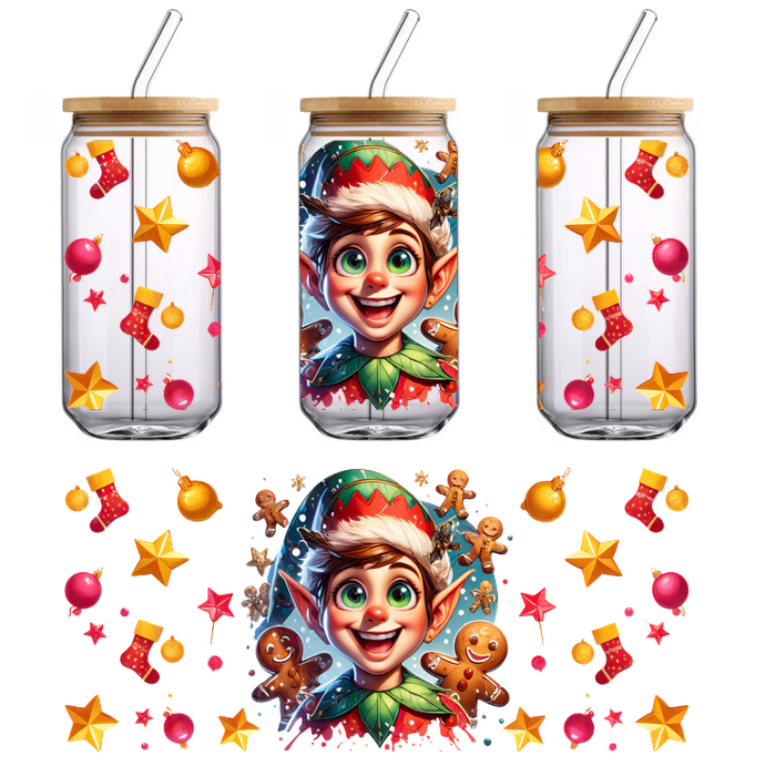 A cheerful elf with big eyes and a bright smile surrounded by festive decorations like gingerbread cookies, stars, and ornaments.UV Transfers dtf transfers