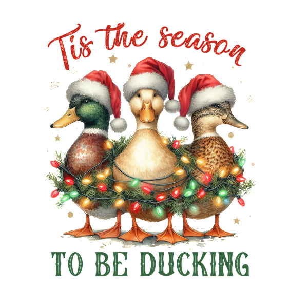 Festive ducks in Santa hats are adorned with Christmas lights and greenery, perfect for the holiday season!dtf regular iron