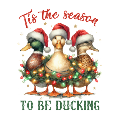 Festive ducks in Santa hats are adorned with Christmas lights and greenery, perfect for the holiday season!dtf regular iron