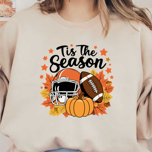 Celebrate the season with this autumn-themed design featuring a football, helmet, and pumpkin surrounded by colorful leaves. dtf prints