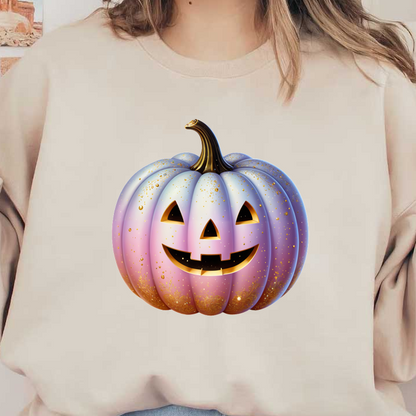 Una calabaza caprichosa de color pastel con una simpática cara de linterna y detalles dorados, perfecta para las festividades de Halloween.