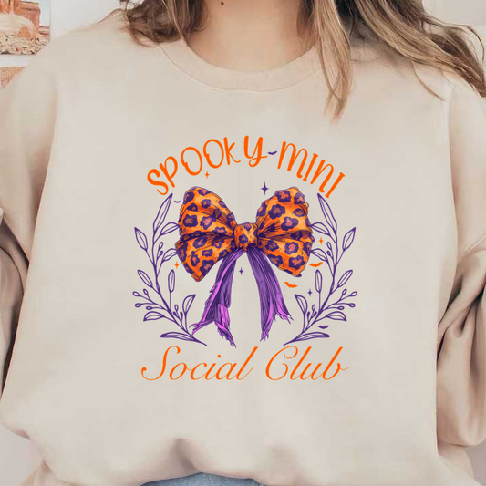 A whimsical illustration featuring a vibrant orange and purple leopard print bow, surrounded by decorative foliage, with the text "Spooky Mini Social Club." dtf prints