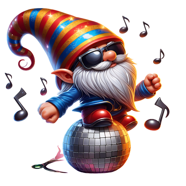 A playful gnome with a colorful striped hat dances on a disco ball, wearing sunglasses and surrounded by musical notes. dtf transfers