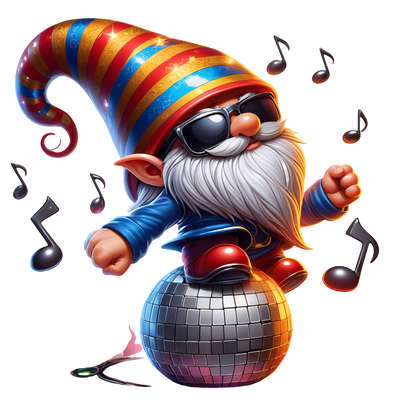 A playful gnome with a colorful striped hat dances on a disco ball, wearing sunglasses and surrounded by musical notes. dtf transfers