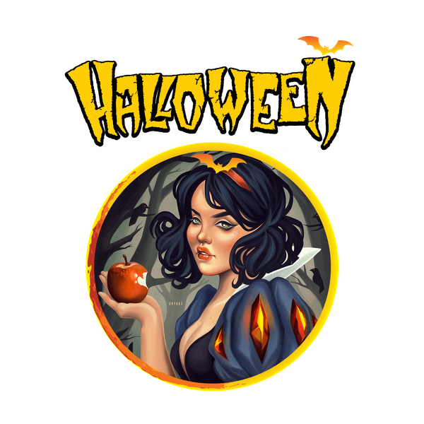 A whimsical Halloween-themed illustration featuring a dark-haired woman holding an apple, framed by eerie foliage.dtf regular iron