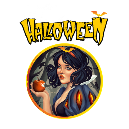 A whimsical Halloween-themed illustration featuring a dark-haired woman holding an apple, framed by eerie foliage.dtf regular iron