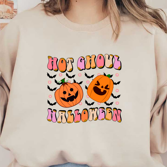 Celebrate Halloween with this playful "Hot Ghoul Halloween" design featuring two cheerful jack-o'-lanterns and colorful, fun lettering! dtf transfers