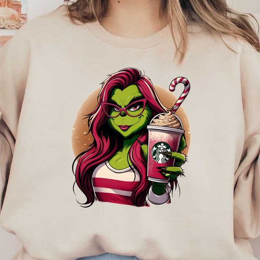 A stylish, green-skinned character with vibrant pink hair, wearing glasses and holding a festive Starbucks drink topped with whipped cream.DTF Transfers dtf prints