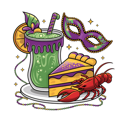 A vibrant illustration featuring a green drink, a slice of colorful cake, a lobster, and a festive masquerade mask.DTF Transfers