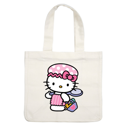 Adorable Hello Kitty is ready for fun with her pink polka dot hat, apron, and a basket featuring a cute duckling!DTF Transfers