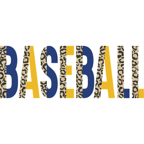 Texto "BASEBALL" colorido que presenta una combinación de patrones de estampados de azul, amarillo y leopardo para una atmósfera divertida y deportiva. Transferencias DTF