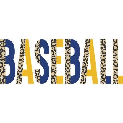 Texto "BASEBALL" colorido que presenta una combinación de patrones de estampados de azul, amarillo y leopardo para una atmósfera divertida y deportiva. Transferencias DTF