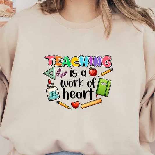 A vibrant and playful "Teaching" design featuring colorful stationery items like pencils, glue, a ruler, and an apple.DTF Transfers