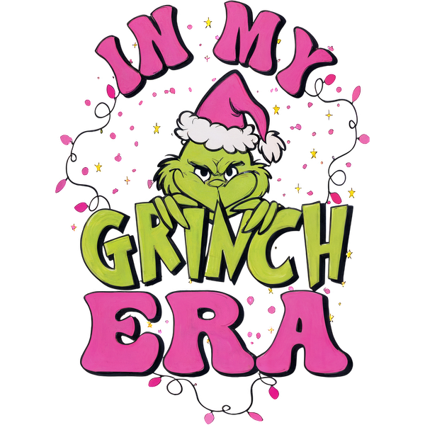 Festive "In My Grinch Era" design featuring the Grinch, perfect for adding a playful touch to holiday celebrations!DTF Transfers dtf transfers