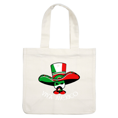 A vibrant graphic featuring a character in a large sombrero, celebrating Mexican pride with the text "Viva Mexico."dtf regular iron