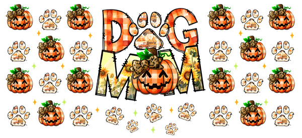 A vibrant design featuring "DOG MOM" surrounded by playful pumpkins and paw prints, perfect for dog lovers this fall.UV Transfers dtf transfers