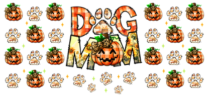 A vibrant design featuring "DOG MOM" surrounded by playful pumpkins and paw prints, perfect for dog lovers this fall.UV Transfers dtf transfers