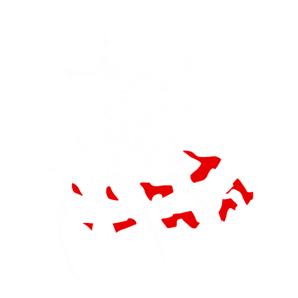 A striking illustration of a menacing character wearing a hat, with razor-sharp claws and a sinister expression, set against a red background.dtf regular iron