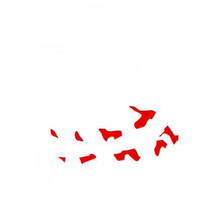 A striking illustration of a menacing character wearing a hat, with razor-sharp claws and a sinister expression, set against a red background.dtf regular iron