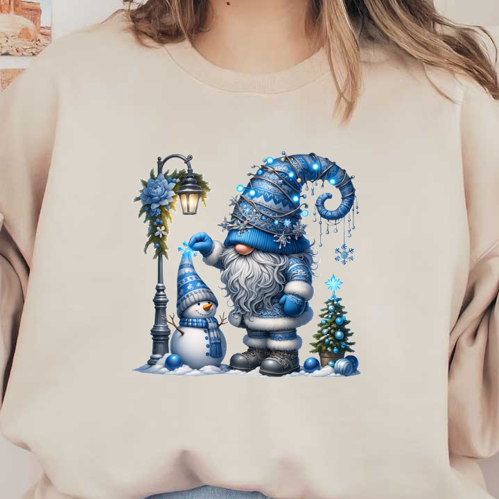 A whimsical blue-hatted gnome decorates a snowman and Christmas tree in a charming winter scene filled with festive lights.DTF Transfersdtf regular iron