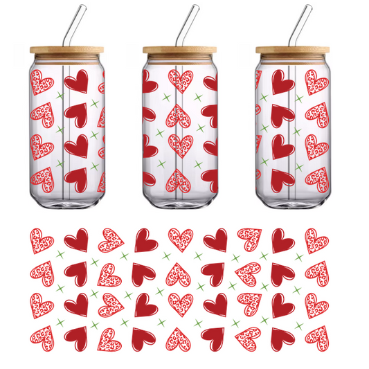 A vibrant pattern featuring red hearts and green stars, perfect for festive decorations or Valentine’s Day-themed designs.UV Transfers dtf prints