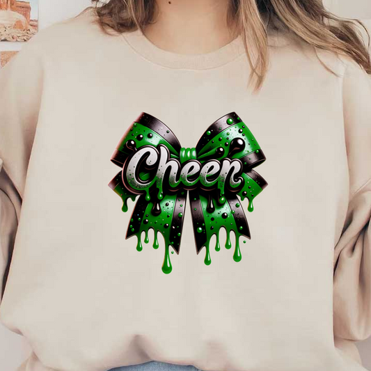 A vibrant green and black bow with a glossy finish, featuring the playful word "Cheer" in a stylish font.DTF Transfers dtf transfers