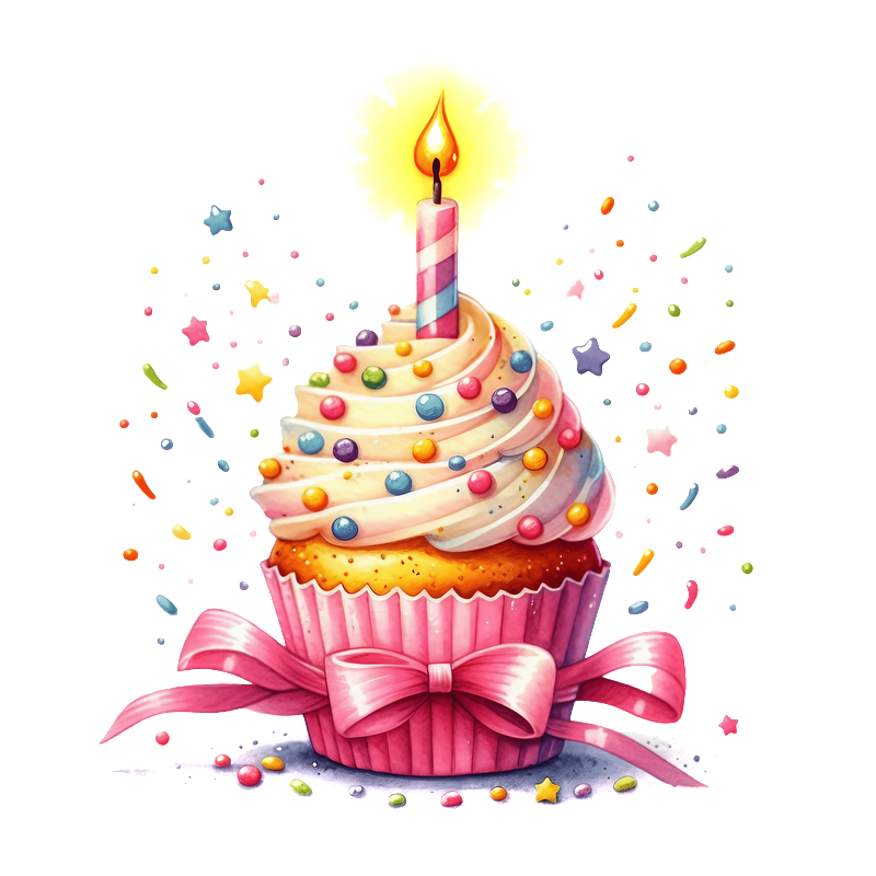 A vibrant birthday cupcake topped with creamy frosting, colorful sprinkles, and a lit candle, adorned with a pink bow.DTF Transfers