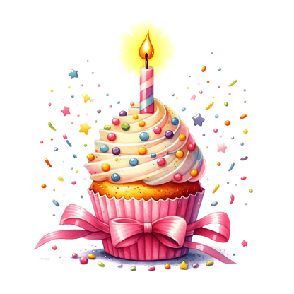 A vibrant birthday cupcake topped with creamy frosting, colorful sprinkles, and a lit candle, adorned with a pink bow.DTF Transfers