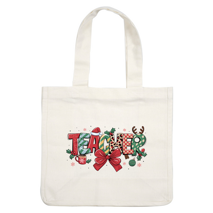 Celebrate the season with this festive "TEACHER" design, featuring vibrant holiday colors, patterns, and cheerful decorations like a Santa hat and bow.DTF Transfers